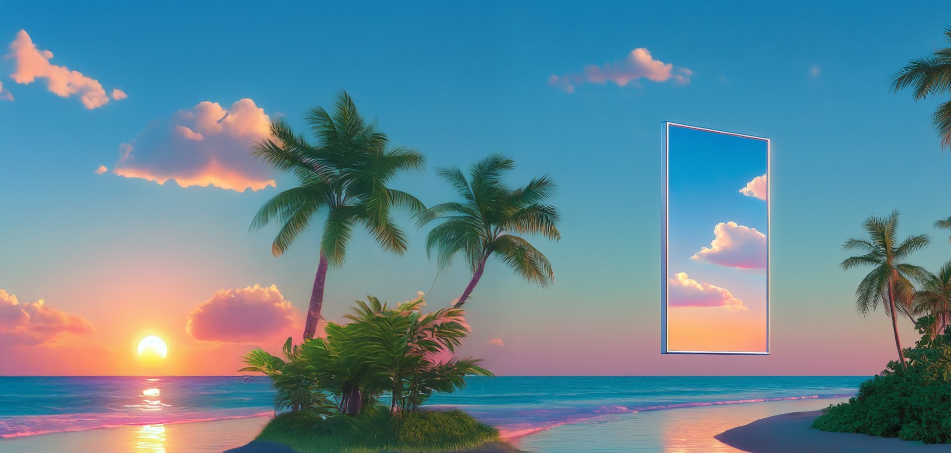 Sunset over the lagoon with palm trees and a floating mirror frame